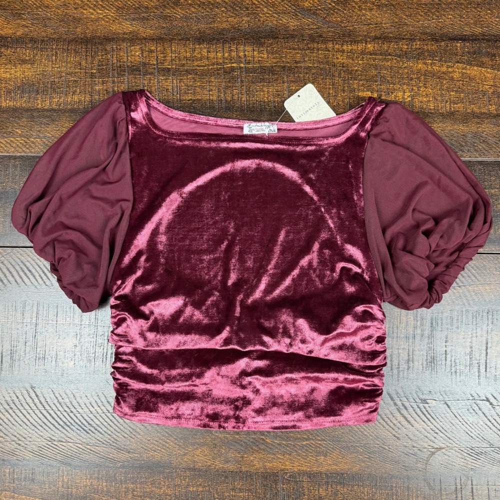 Free People Intimately Duvet Days Velvet Top Dark Red XS Open Back Puff Sleeve - Picture 3 of 12